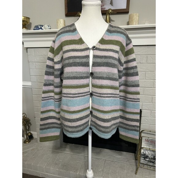 Field Gear FG Womens Large Button Up Sweater Cardigan Lambs  Wool Stripes Granny - Picture 1 of 5